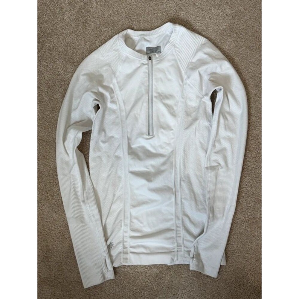 Athleta White Half Zip Pullover XS Thumb Hole Sleeves Textured Stretch Top